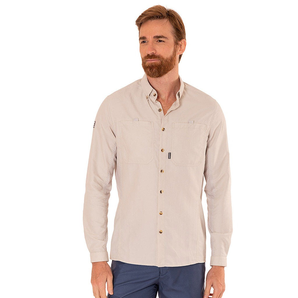 camisa outdoor hombre manga larga beige con upf 50+ fullsand